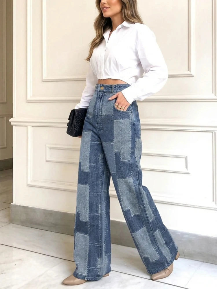 Wide Leg Jeans Two-Tone Blue Patchwork Plaid High Waist Floor-Length Jeans