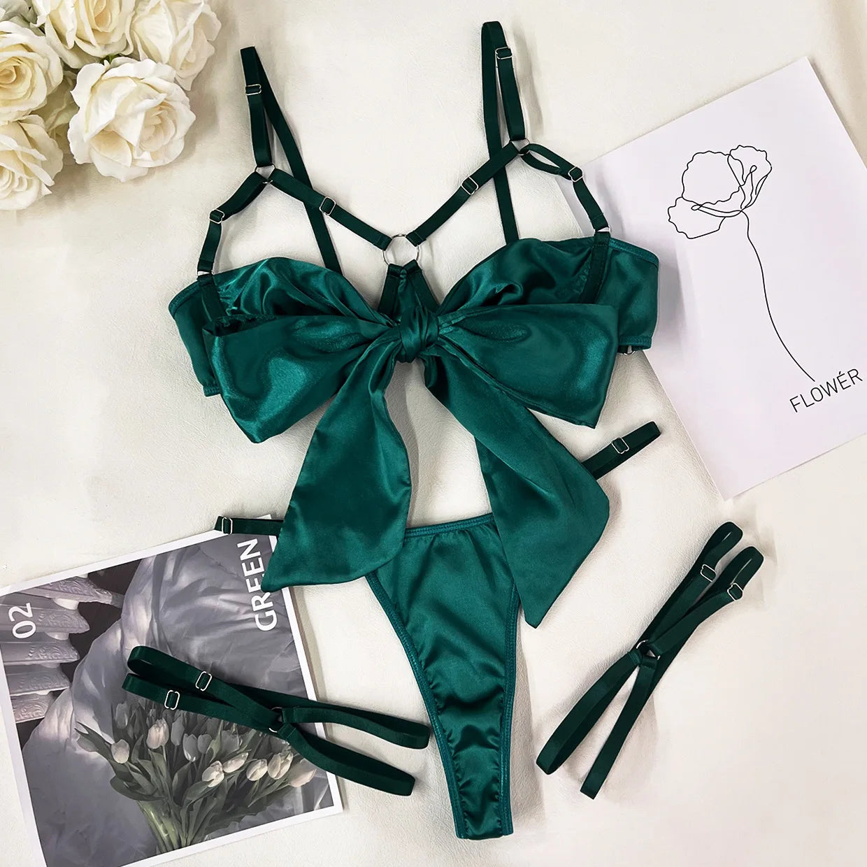Women's 3 Piece Lingerie Set Sexy Hollow Out Satin