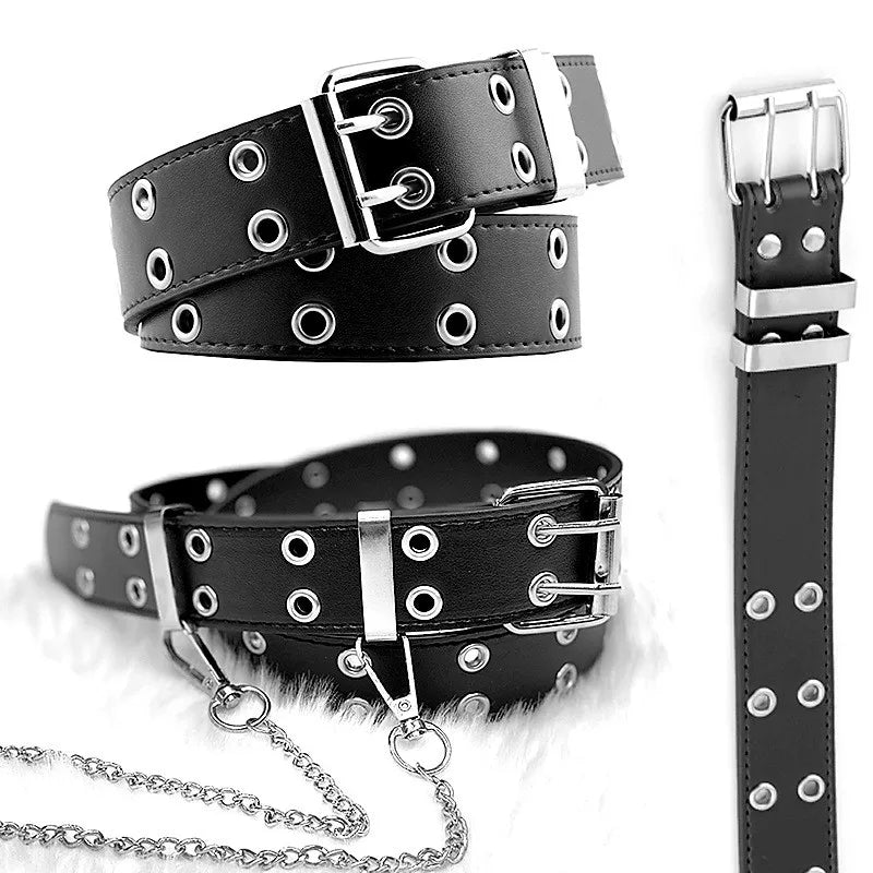 Women Trouser Belt Punk Cool Metal Buckle Adjustable Eyelet Leather Fashion