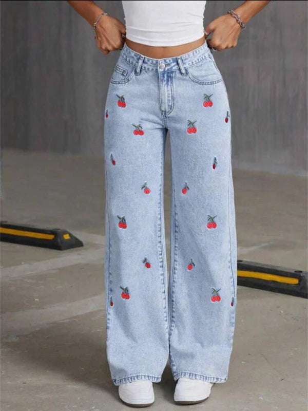 Embroidery High Waist Distressed Washed Denim