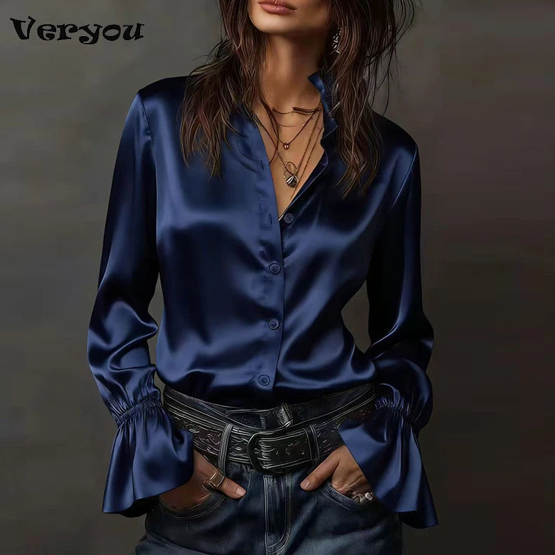 Elegant Blouses For WomenFlare Long Sleeve Button Silk Blouse