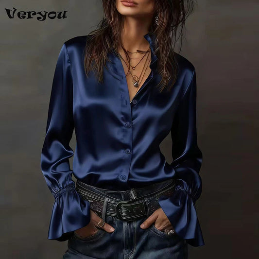 Elegant Blouses For WomenFlare Long Sleeve Button Silk Blouse
