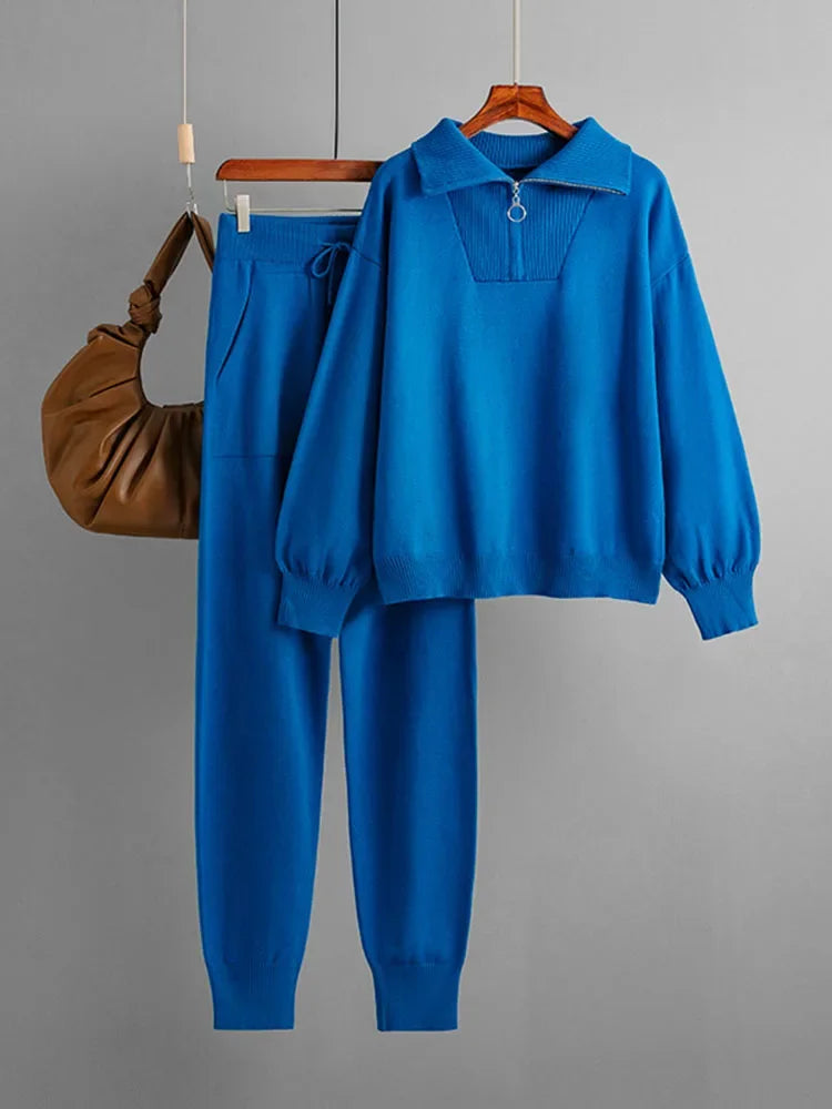 Women Casual Knitwear Pullovers Tops Conjuntos High Waist Jogger Pants Tracksuit