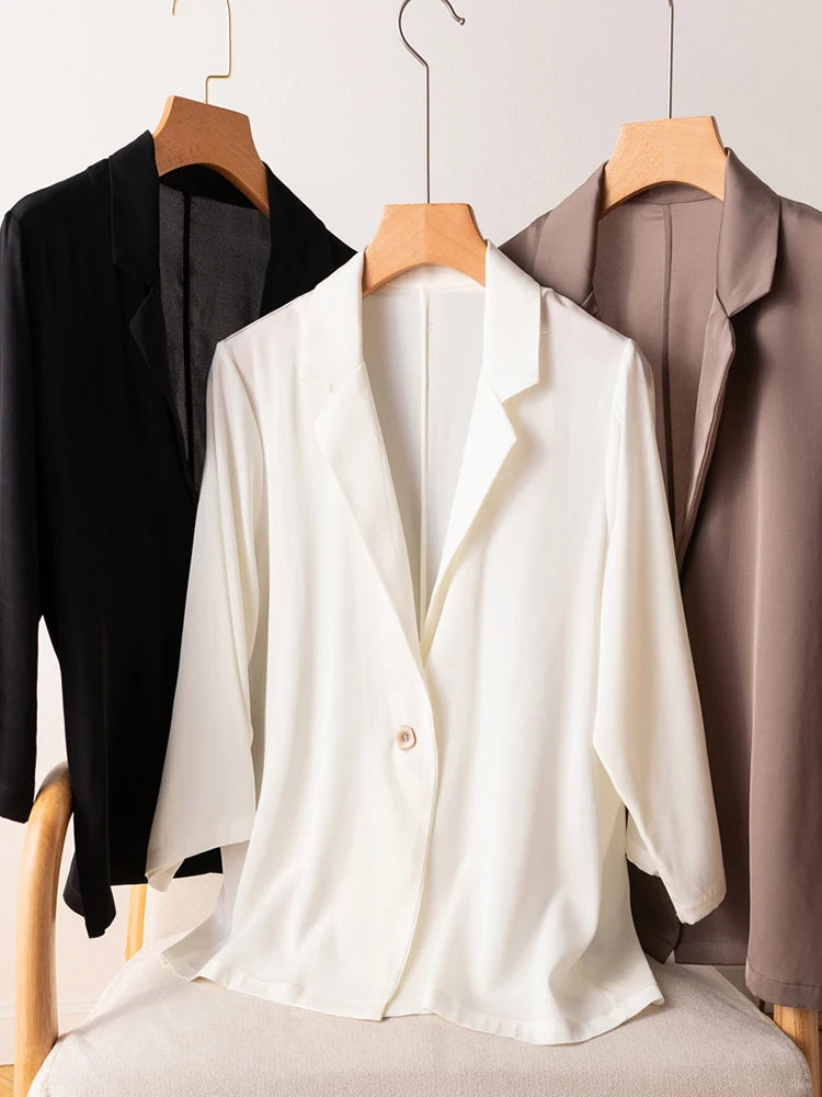 Women Blazer 95% Mulberry Silk 5% Spandex One Button Coat Jacket