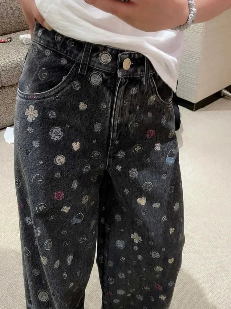 Women's Luxury Floral Denim Jeans, High Waist Wide Leg Trousers, Premium High Quality Loose Fit Pants