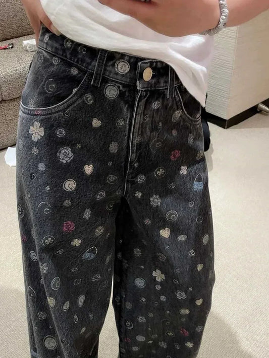 Women's Luxury Floral Denim Jeans, High Waist Wide Leg Trousers, Premium High Quality Loose Fit Pants