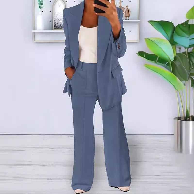 Women's Sets Two 2 Pieces Casual Pocket Single Button Blazer Jackets& High Elastic Waist Workwear Wide Leg Pant Suits