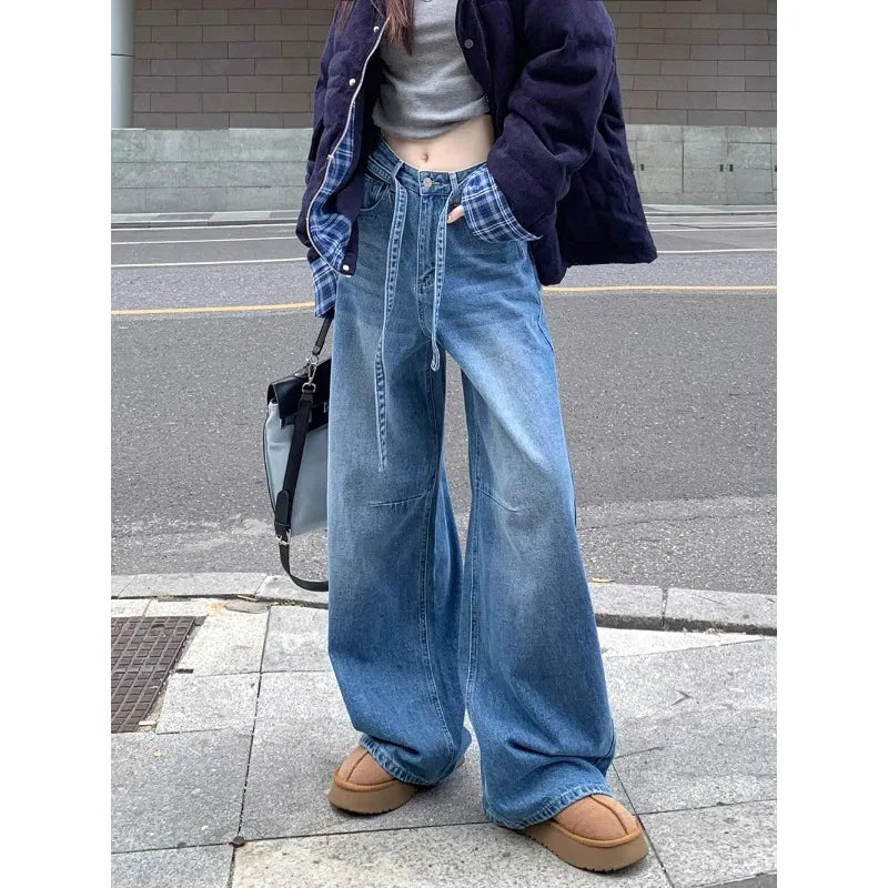 Women's Wide-Leg Jeans High-Waisted with Drawstring Detail Baggy Fit
