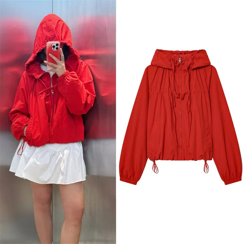 Red Long-Sleeve Drawstring Decorative Festive Hoodie Zipper Cardigan Casual