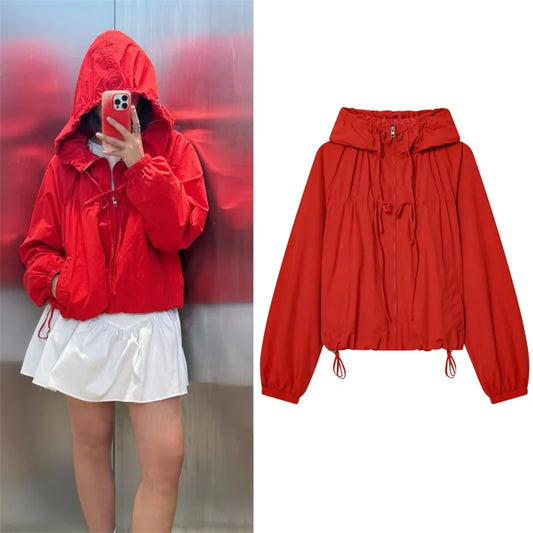Red Long-Sleeve Drawstring Decorative Festive Hoodie Zipper Cardigan Casual