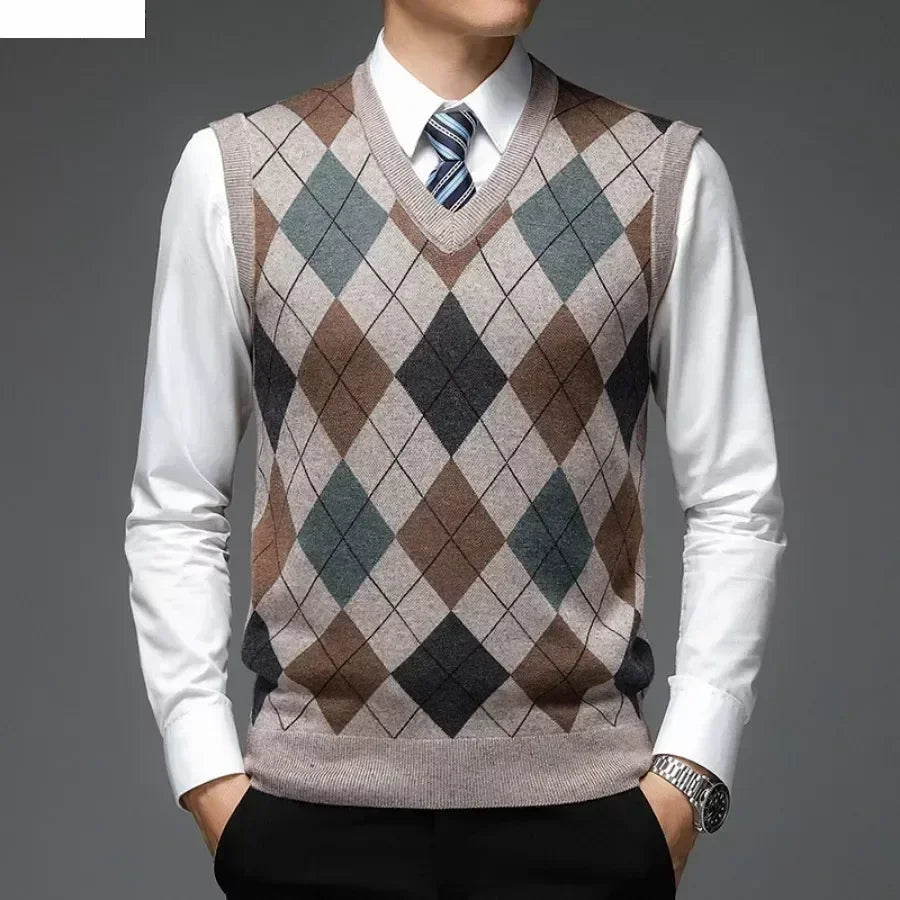 Men's Casual Knitted Wool Sweater Vest V-neck Knit Pullover