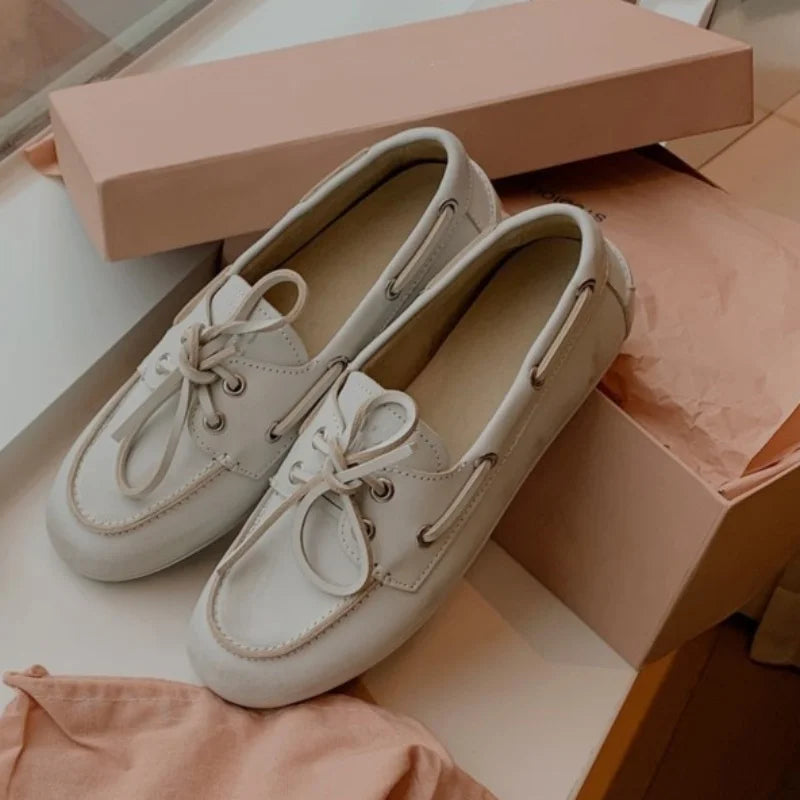 Women's Loafers Shoes Genuine Leather High Quality Round Toe Soft Bottom Flat Shoes