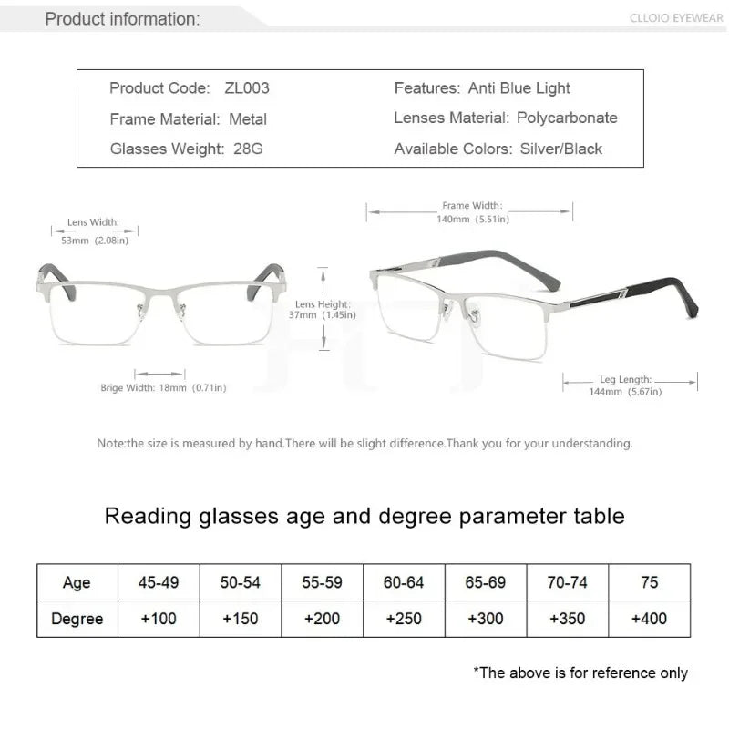 Men Reading Glasses Business Presbyopia Glasses Metal Frame Anti Blue Light Eyeglasses