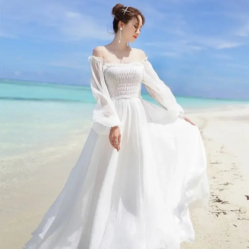 New Chiffon off-Shoulder Dress White Dress