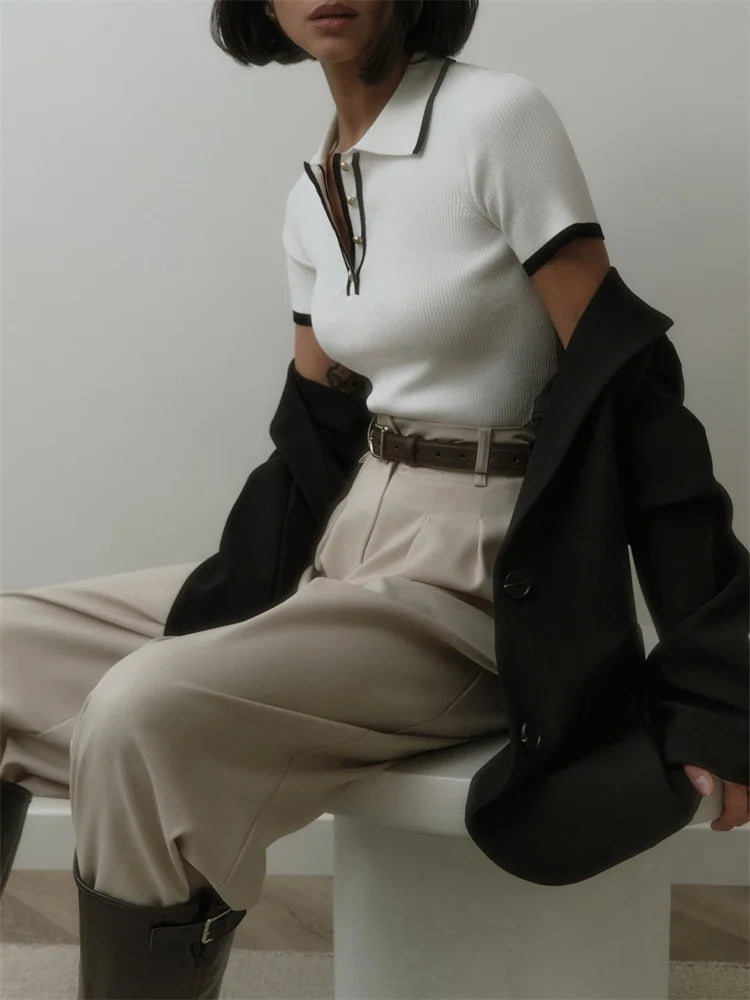 Knit Sweater Pullover Women Short Sleeve Patchwork