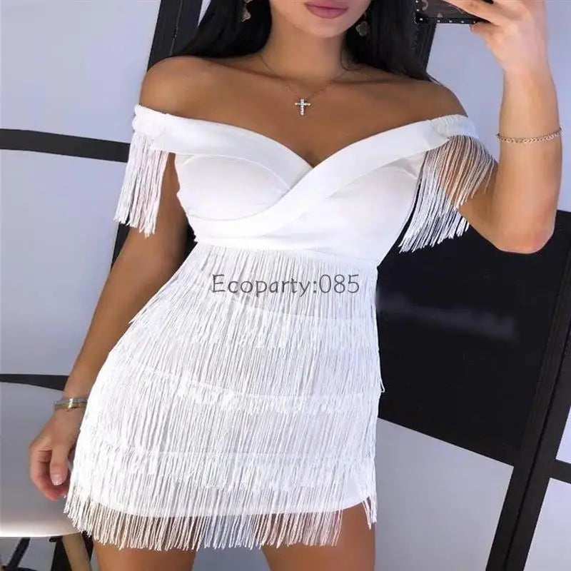 Sexy Big V Neck One-shoulder Fringed Skirt Ladies Slim Short Sleeve Dress