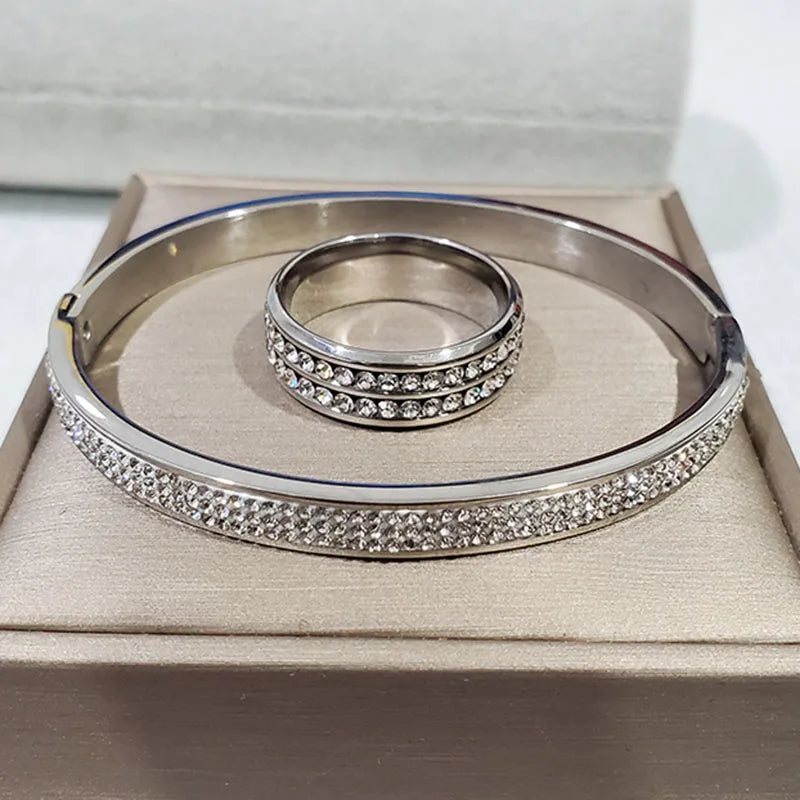 Stainless Steel Full Crystal Micro Set Zircon O-shaped Buckle Bracelet Ring