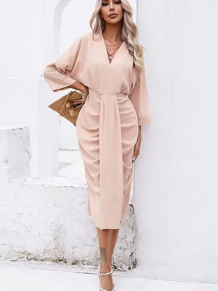 Elegant Solid Waist Fitted Draped Dress