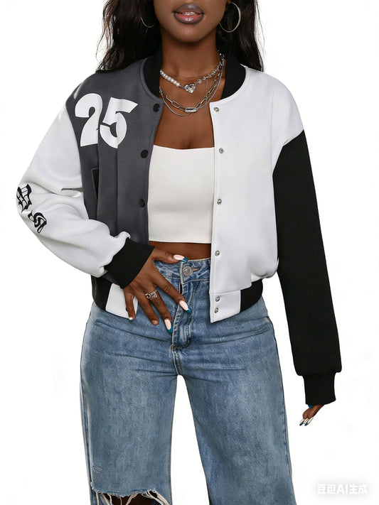 Women's Trendy Varsity Jackets Knitted Baseball Coats with Button Front Pockets