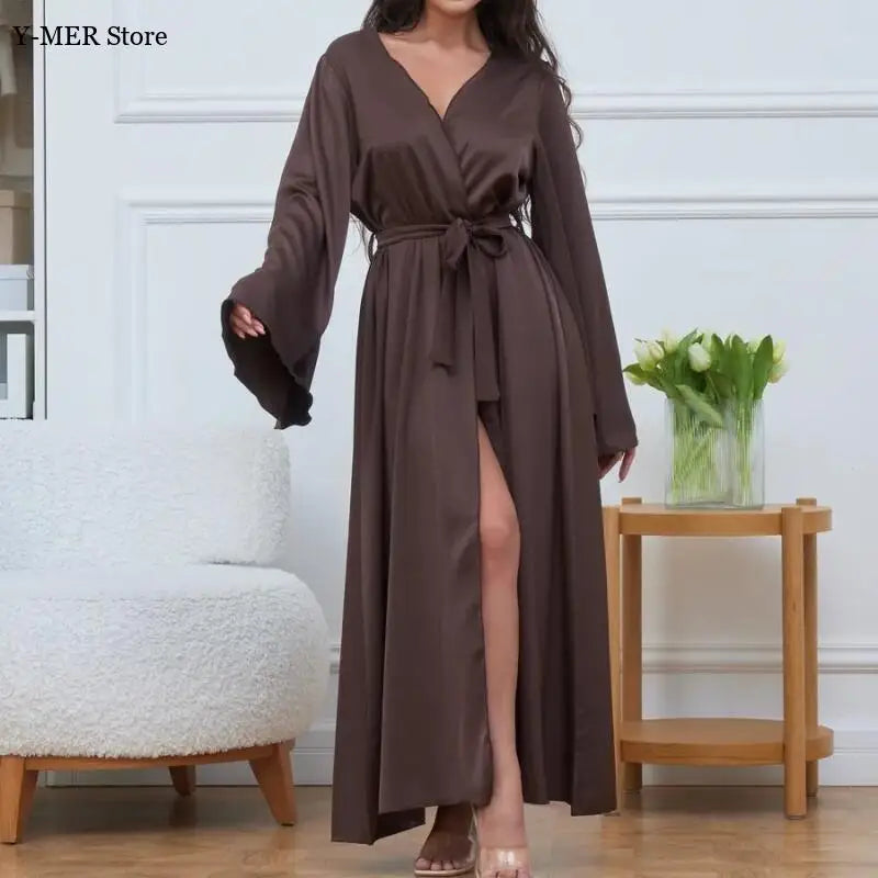 Satin Loose Robe Sexy High Waisted Split Party Dresses