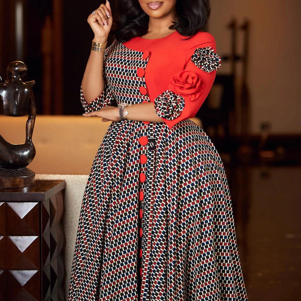 African 3/4 Sleeve Party Birthday New Robe Chic Flower Plaid Evening Dress
