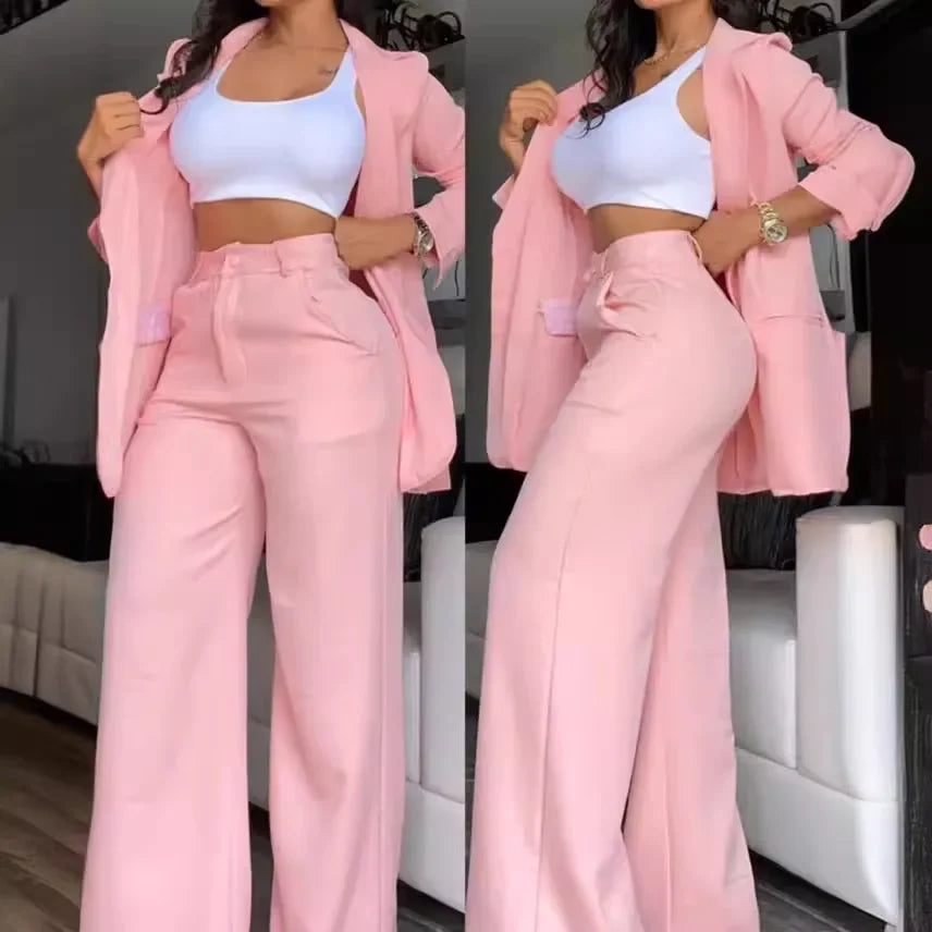 Women Two Piece Set  Single Breasted Tracksuit Outerwear Ankle Length Straight Pockets Set