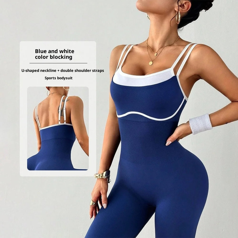 Women One-piece Yoga Jumpsuit With Pads Sleeveless Patchwork Slim Fit