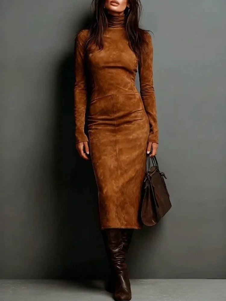 Retro Long Sleeve Turtleneck Suede Leather Vintage Dress