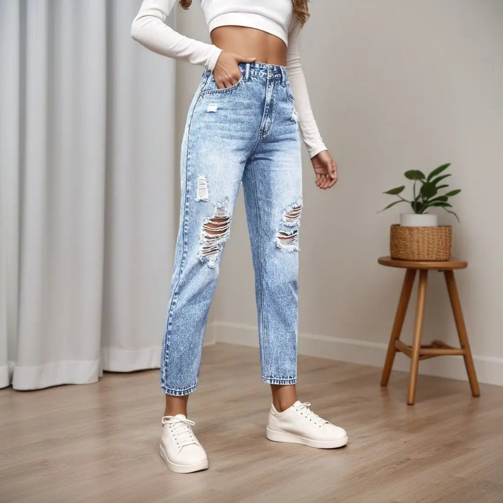 Women's Slim Fit Jeans with Rips Casual Slimming Cone
