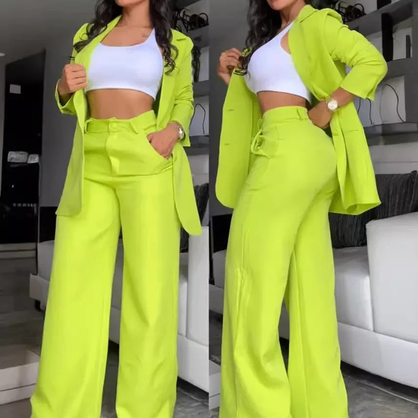 Women Two Piece Set  Single Breasted Tracksuit Outerwear Ankle Length Straight Pockets Set