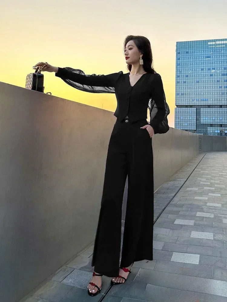 Women 2 Pieces Red Sexy Holiday Outfits Trousers Woman Spring Autumn Shirt Blouse and Clothing Sales Luxury Full D
