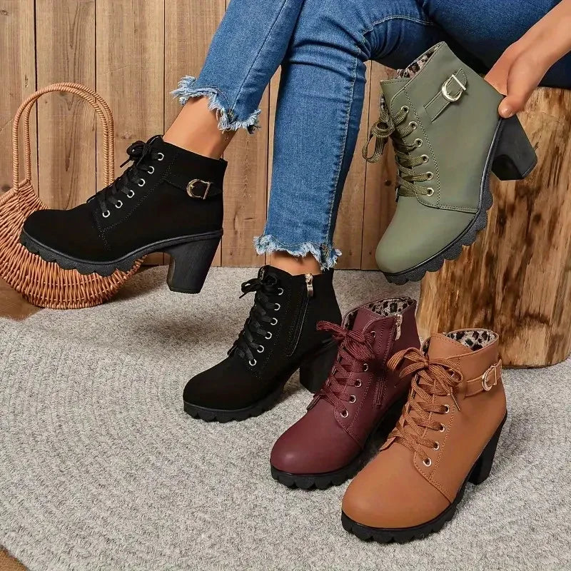 Women Boots Autumn Winter High Quality Boots Lace-up High Heels Shoes