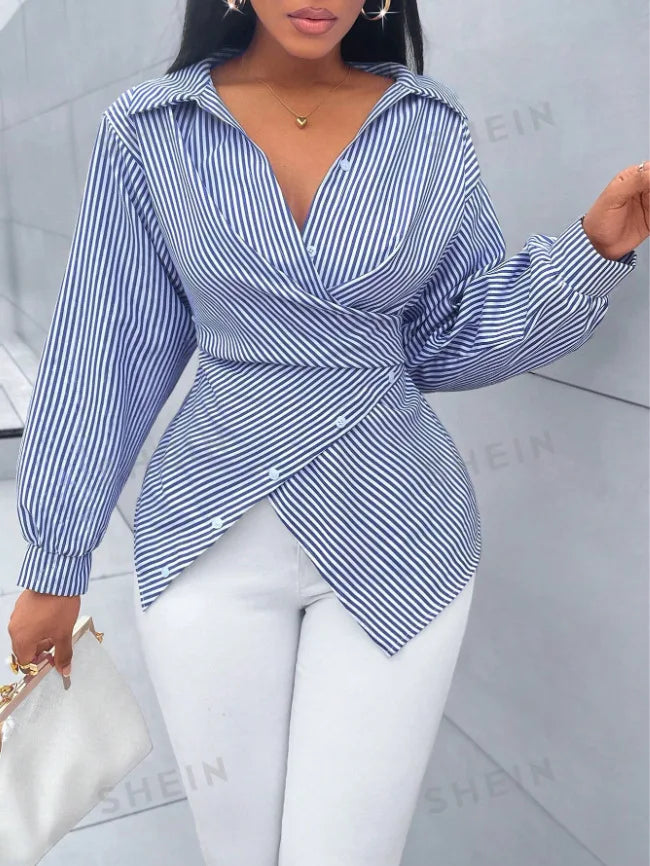 Blouses Chic Shirts Lady Fashion Casual Long Sleeve Turn-down Stripes