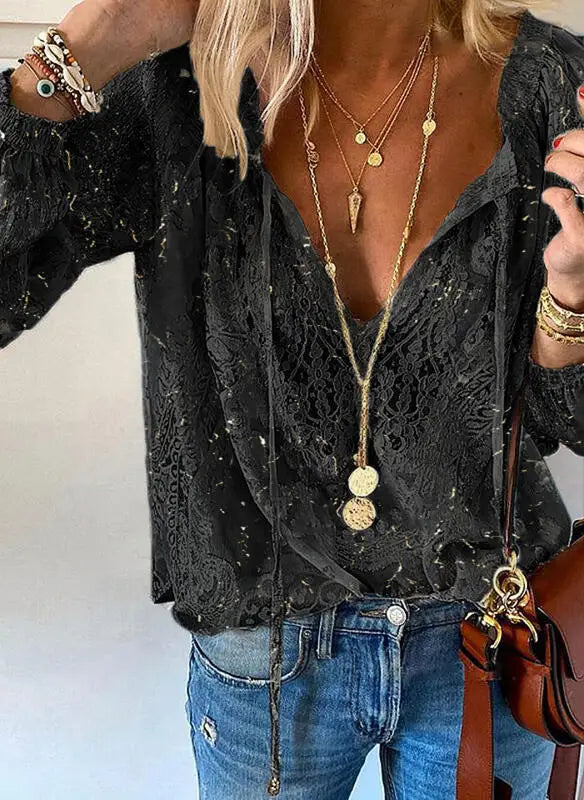 Women's Blouses Boho Lace Hollow Out Deep V Neck Pullover Shirt
