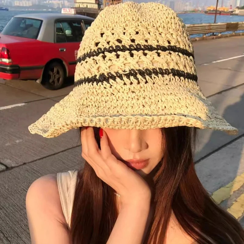 Ladies Floppy Straw Hats Wide Brim Beach Foldable Straw Sun Cap