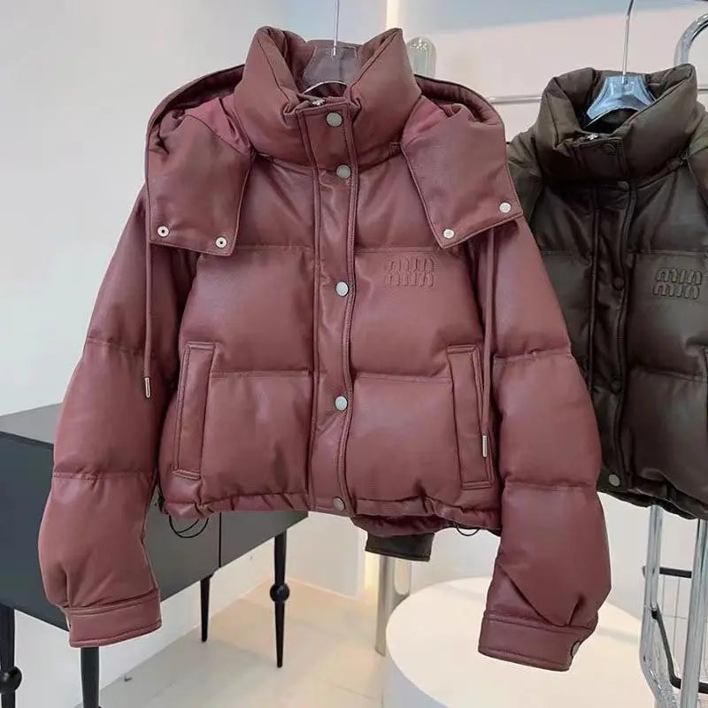 2025 Women's Pu Skin Down Cotton Jacket Versatile Hooded Lady Coat