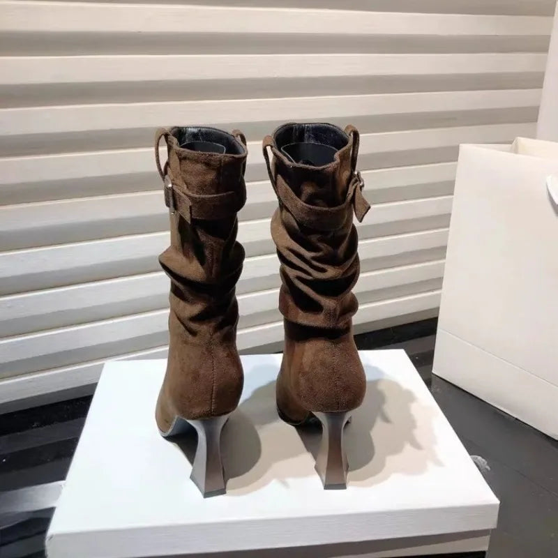 High Heeled Single Boots Women's Fashion Pointed Toe Suede Metal Buckle Anti-slip boots