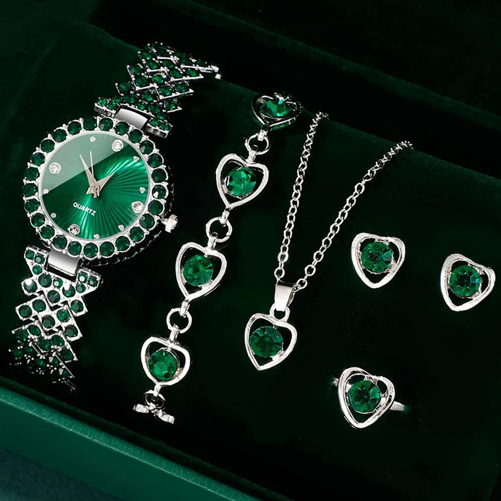Women Fashion Watches Heart Rhinestone Ring Necklace Earring Jewelry Set