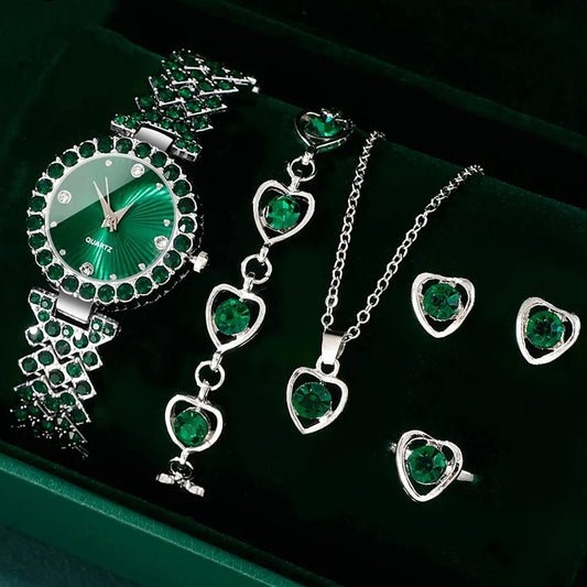 Women Fashion Watches Heart Rhinestone Ring Necklace Earring Jewelry Set