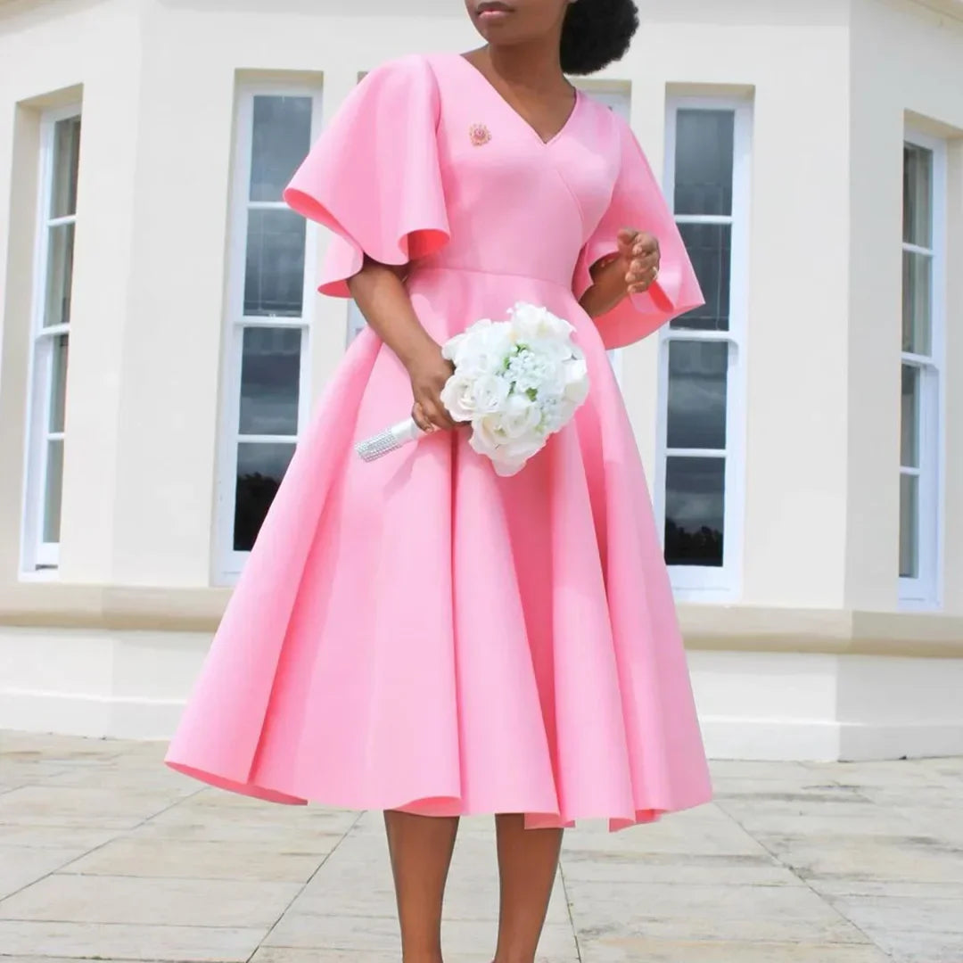 V Neck Flare Sleeve High Waisted Pleated A Line Mid Calf Luxury Dress
