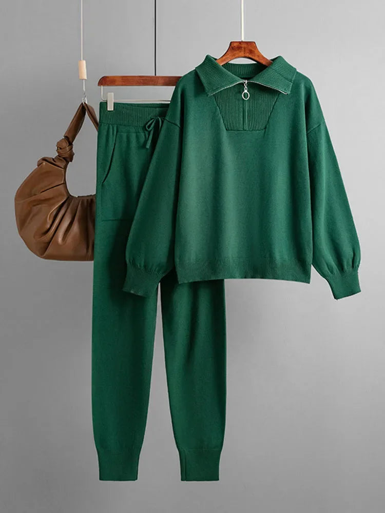 Women Casual Knitwear Pullovers Tops Conjuntos High Waist Jogger Pants Tracksuit