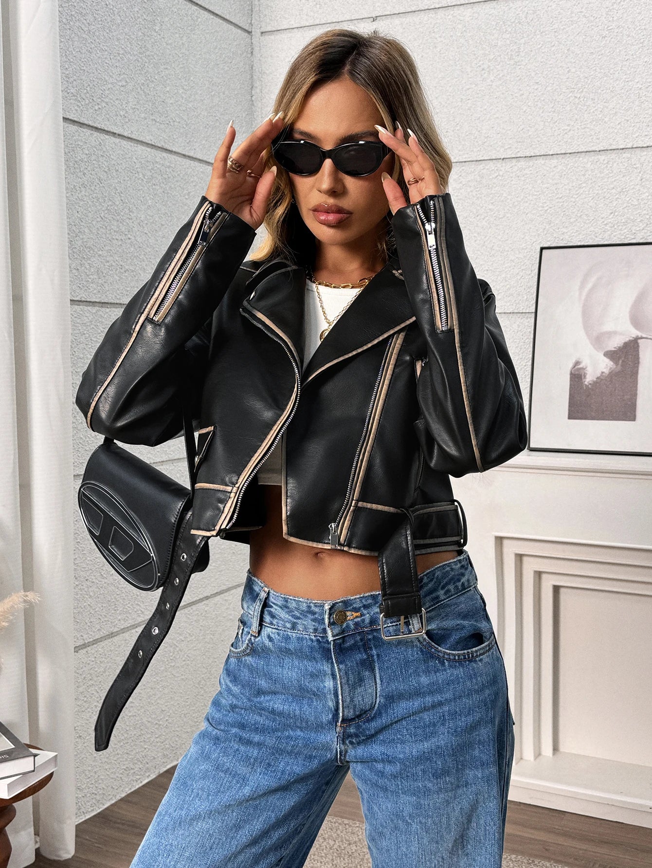 Womens Faux Leather Jackets Bomber Cropped Motorcycle Fall Jackets