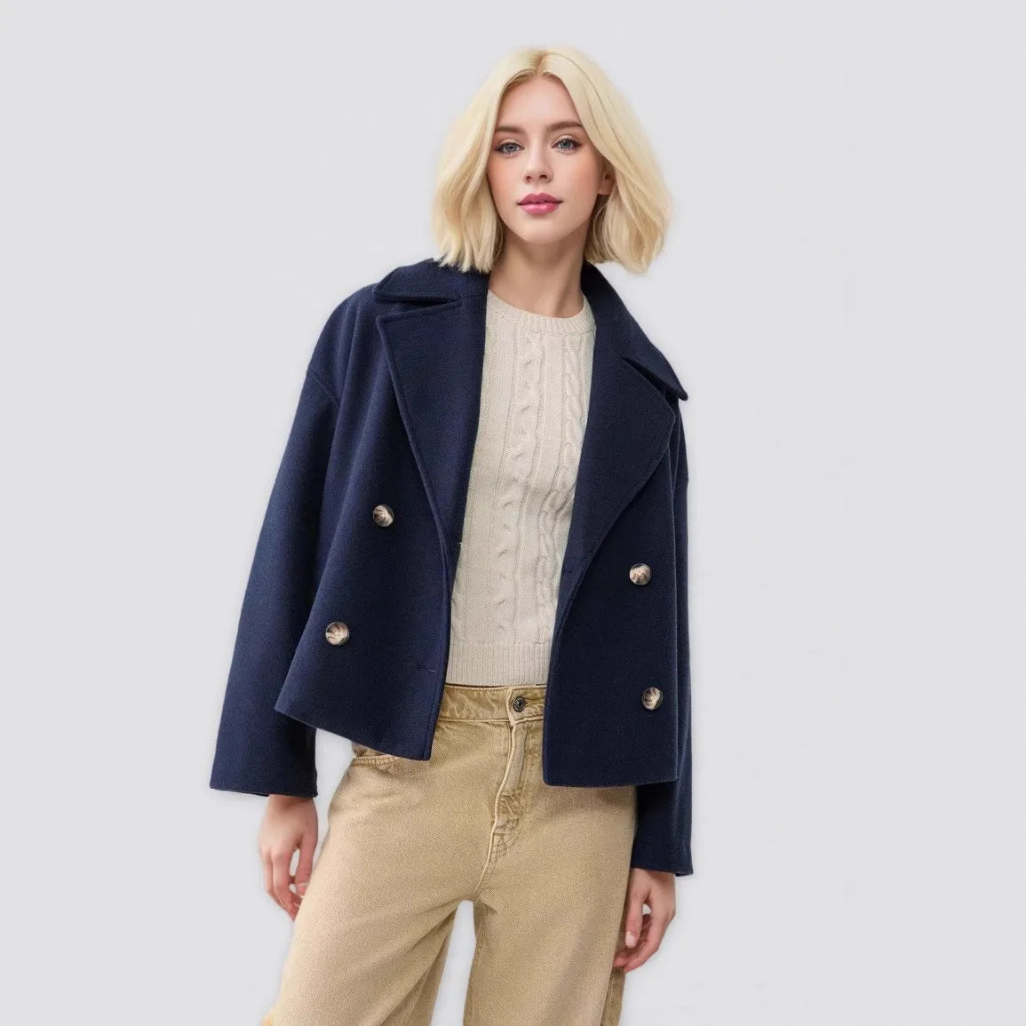 Women Wool Coats Elegant Short Coat Double Breasted Long Sleeve Jackets