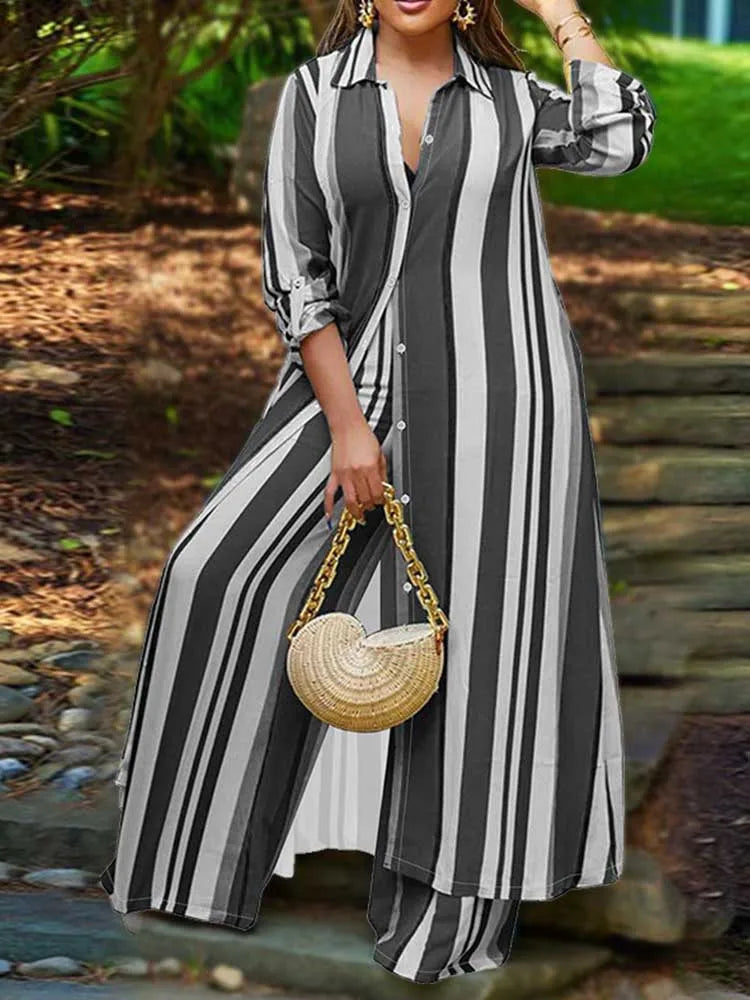Elegant 2-piece Sets for Women  Long Shirt Blouse Full Sleeve Striped Plus Size Matching Sets