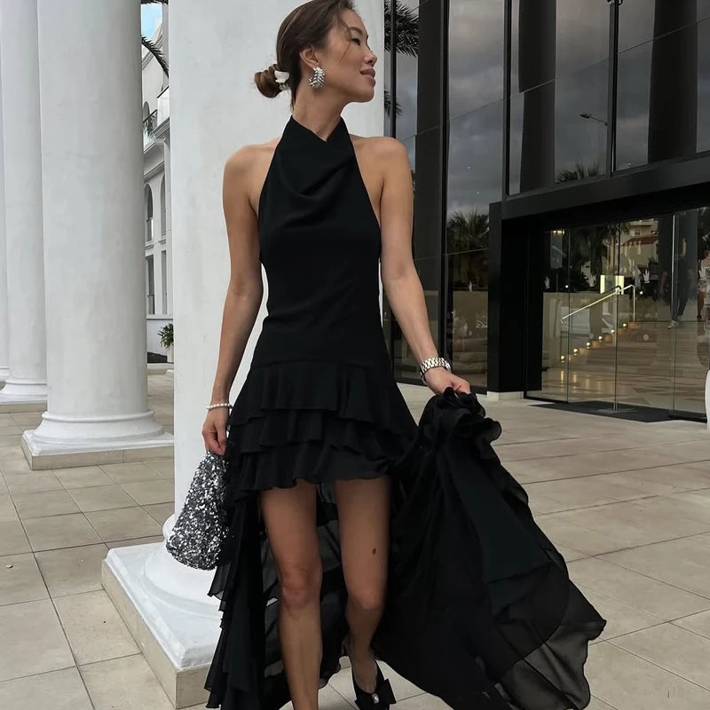 Pleated  Backless Corset Sleeveless Asymmetrical Layered Ruffled Tulle Halter Dress