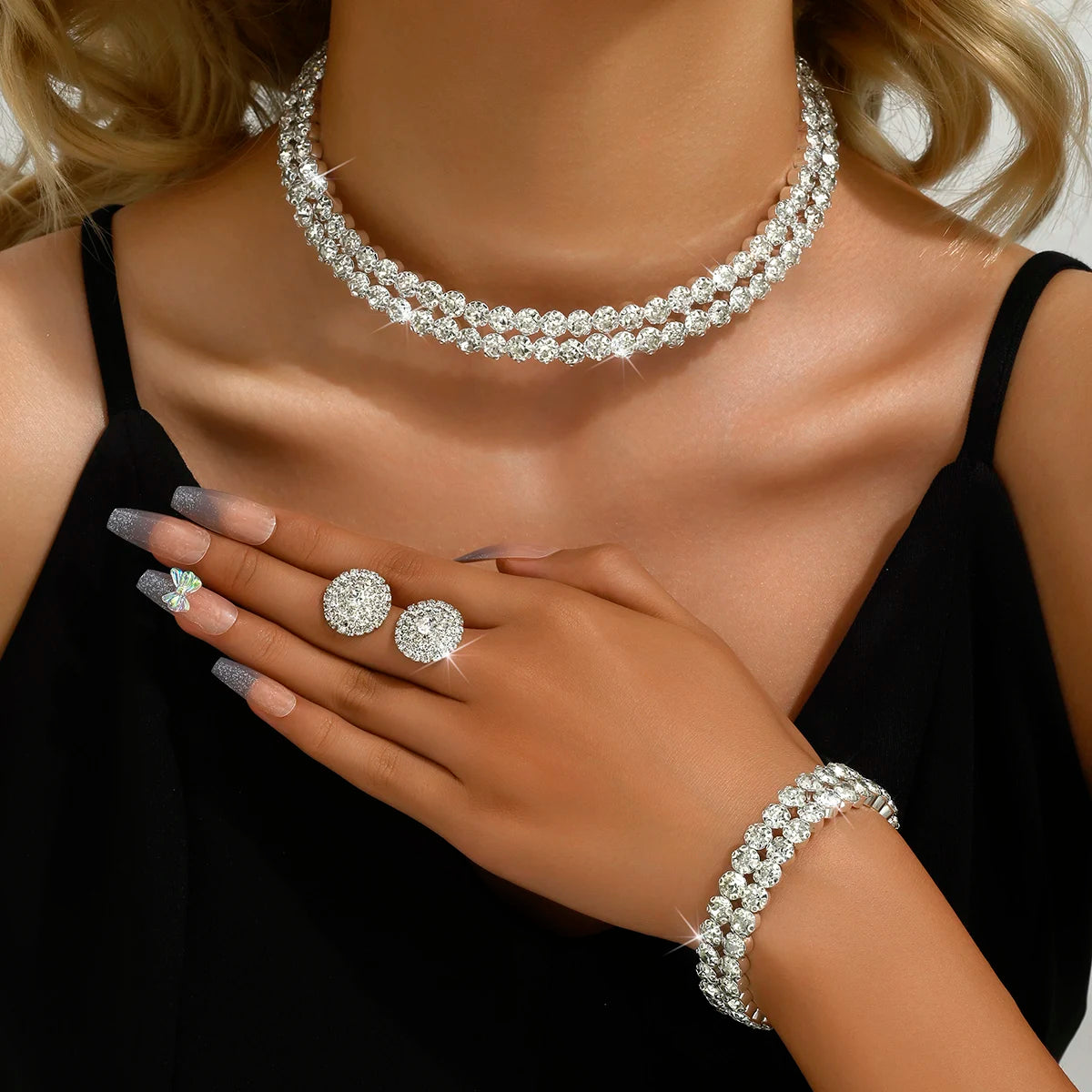 Women's Jewelry Set Rhinestone Earrings Necklace Bracelet