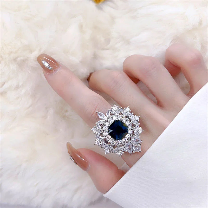 Elegant Blue Zirconia Lace Adjustable Ring/Necklace/Earrings Women's Jewelry Set