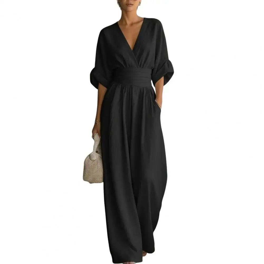 Women's Jumpsuit Fashion High Waist V-neck Casual  Wide Leg Trousers