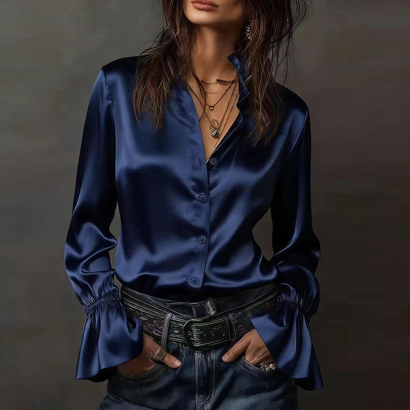 Elegant Blouses For WomenFlare Long Sleeve Button Silk Blouse