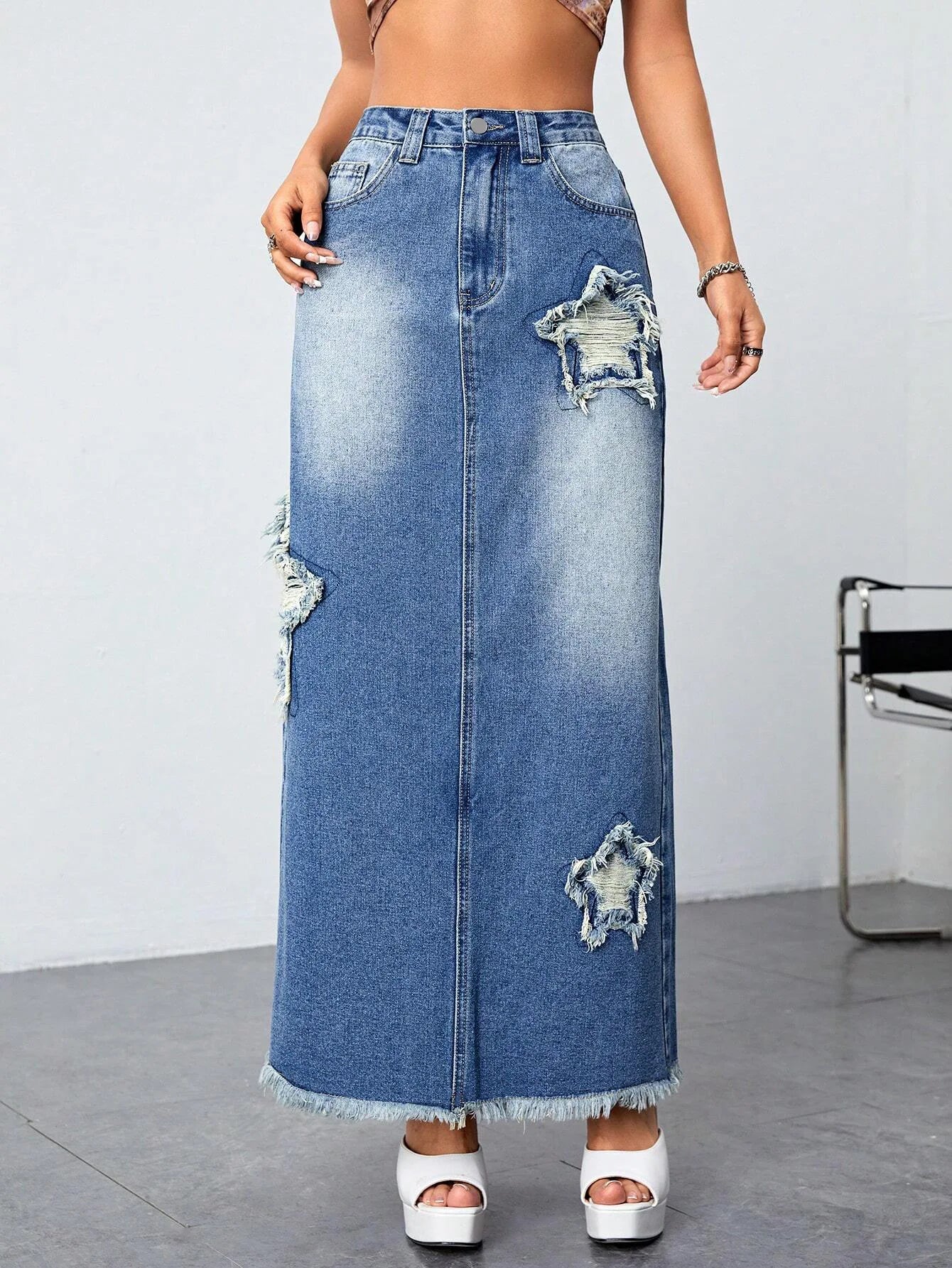 Denim Long Split Ripped Pentagram Patchwork High Waist Skirt